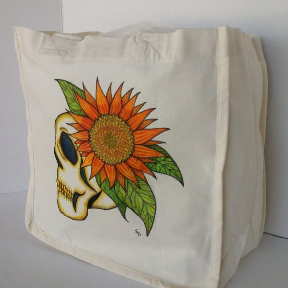 Hand Painted Skull Tote Bag: Sunflower Art, Reusable Canvas Bag 14x13x7 - Picture 3 of 16